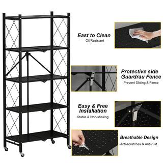 FUFUGAGA 64.3 in. H Black Metal 10-Shelf Freestanding Standard Bookcase Foldable Metal Shelf Shelving Unit With Wheels KF210019-02-xin