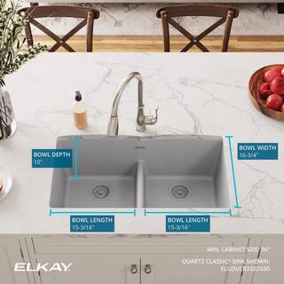 Elkay Quartz Classic Greystone Quartz 33 in. Equal Double Bowl Undermount Kitchen Sink with Aqua Divide ELGDULB3322GS0