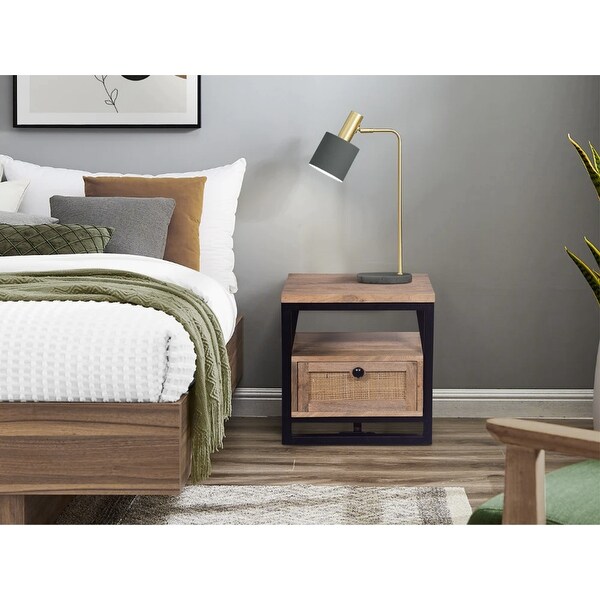 18 Inch Nightstand End Table， 1 Drawer， Open Storage， Natural Brown Mango Wood with a Rectangular Black Iron Frame