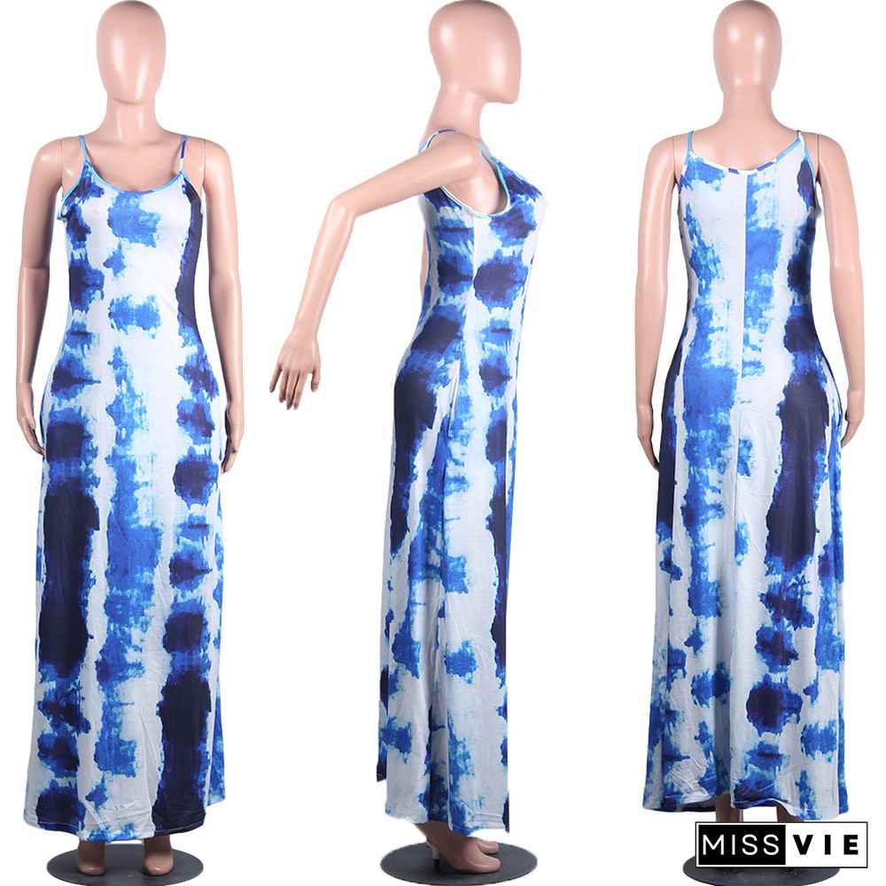 Loose Straps With Tie-Dye Prints With Pocket Maxi Dress