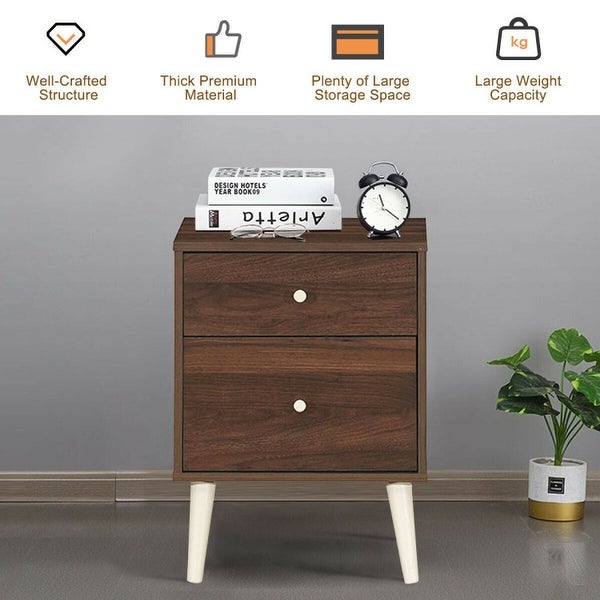 2-Drawer Nightstand Beside End Side Table with Rubber Legs-Walnut - 18