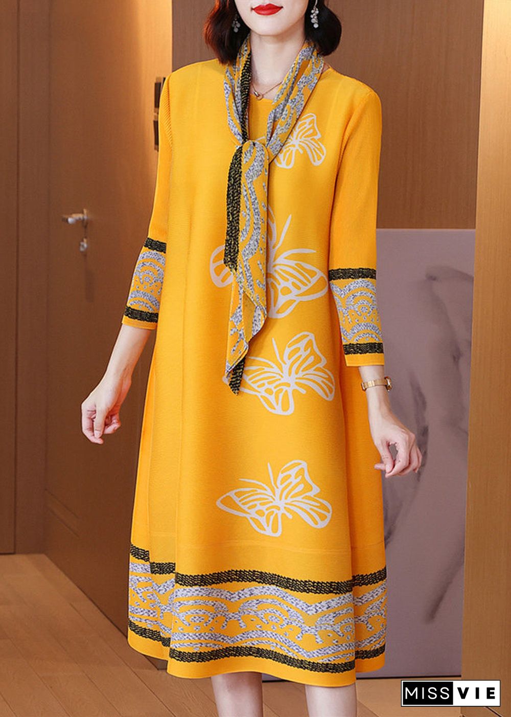 Boutique Yellow O-Neck Print Low High Desig Maxi Dresses Long Sleeve