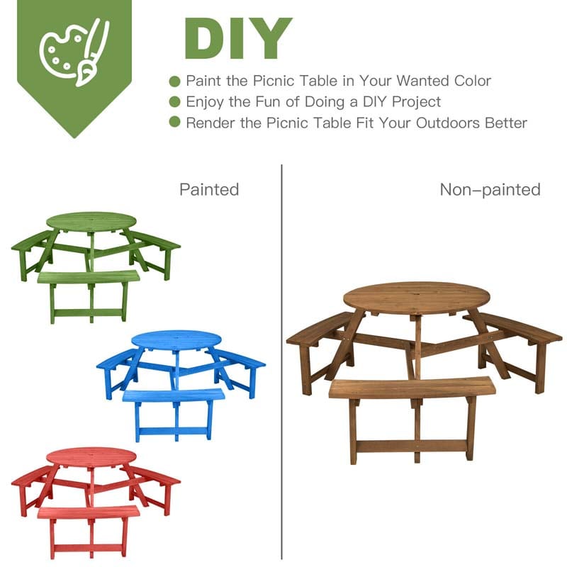 6-Person Round Wooden Picnic Table Bench Set with Umbrella Hole, DIY Paint Outdoor Patio Dining Table Set