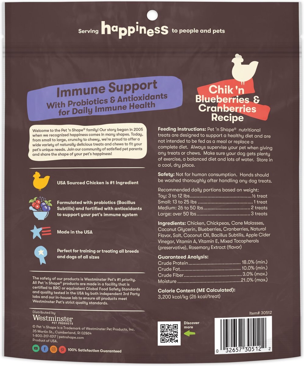 Pet 'n Shape Chik 'n Cranberries Blueberries Immune Support Dog Treats， 12-oz bag