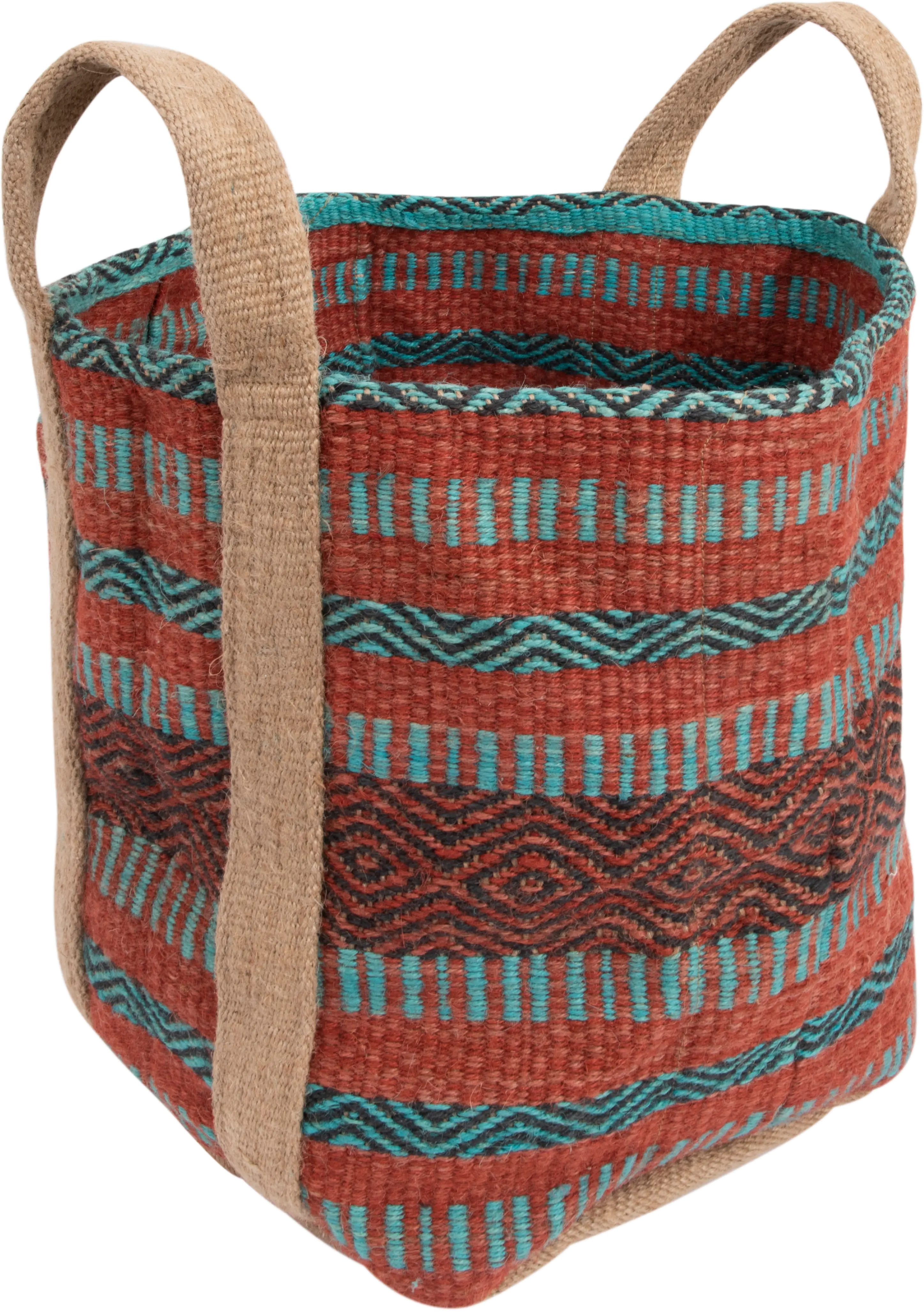 Coral and Teal Striped Jute Bag with Handles