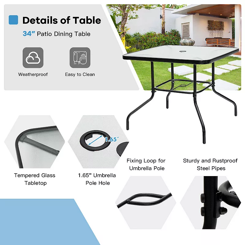 35 Inch Patio Dining Square Tempered Glass Table with Umbrella Hole