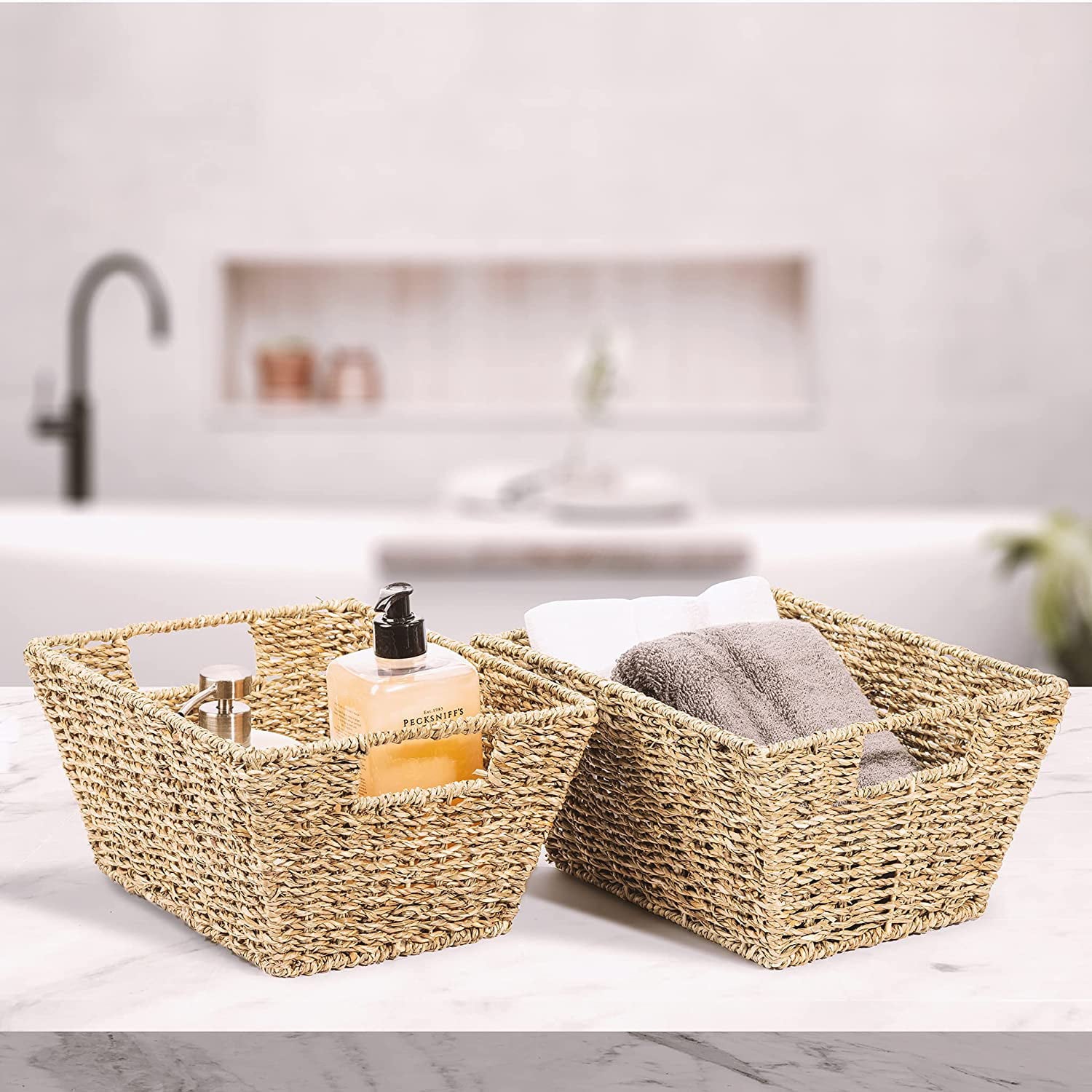 Sorbus Woven Wicker Storage Baskets for Organizing, Seagrass Closet Organizer Bins, Organization Storage Bins for Living Room, Bathroom Towels, Kitchen Pantry Cabinet, Bedroom, Handmade 2-PACK