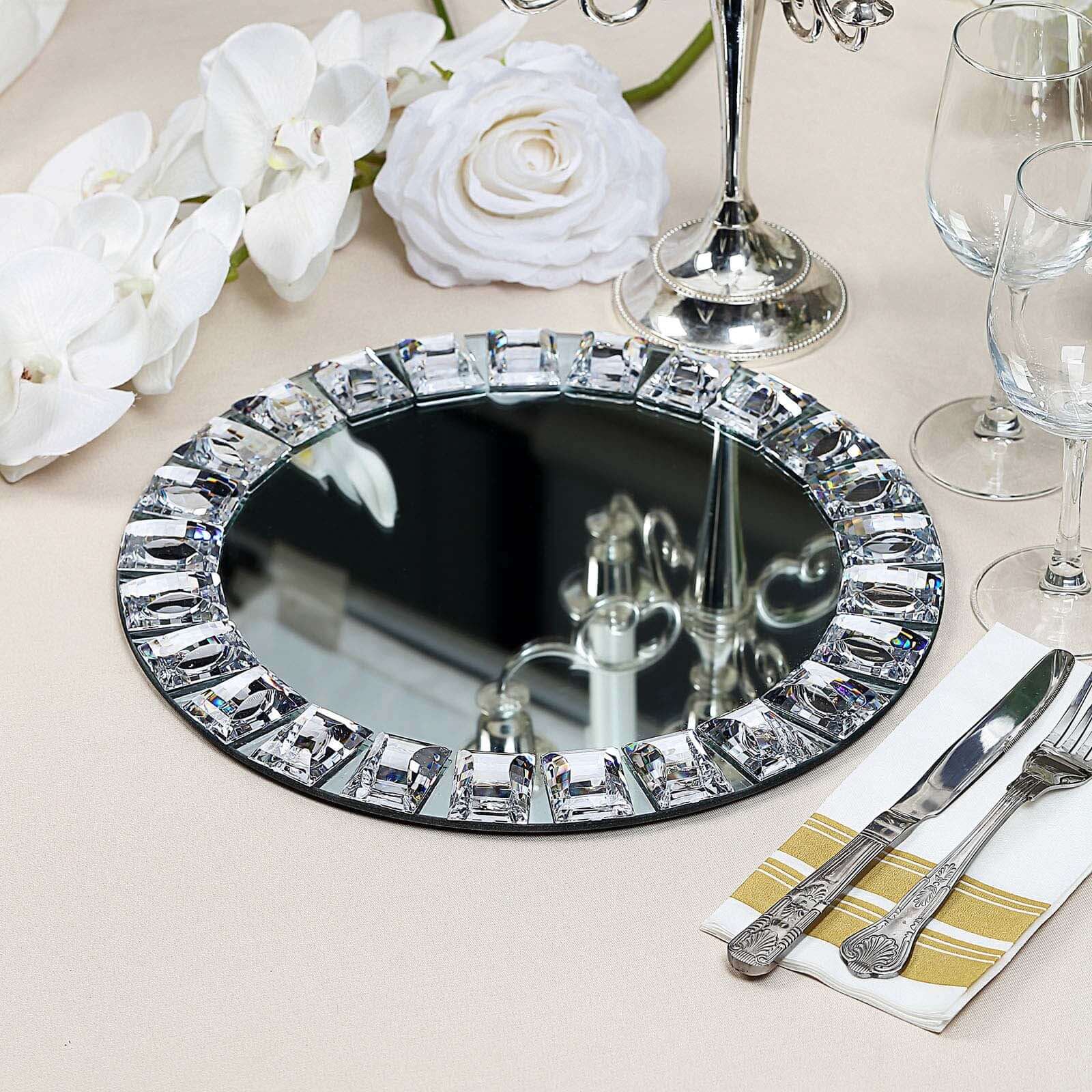 2 Pack Silver Jeweled Rim Premium Glass Mirror Charger Plates 13