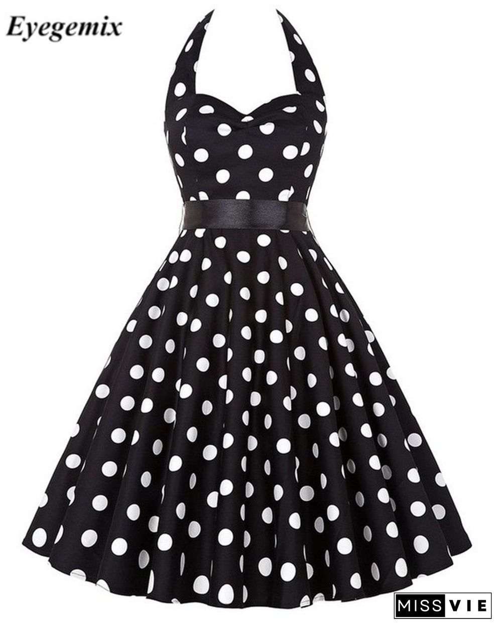 Women Polka Dot Print Summer Dress Sexy Retro White Black Halter Vintage Dress Robe Femme Pin Up 50S 60s Rockabilly Party Dress