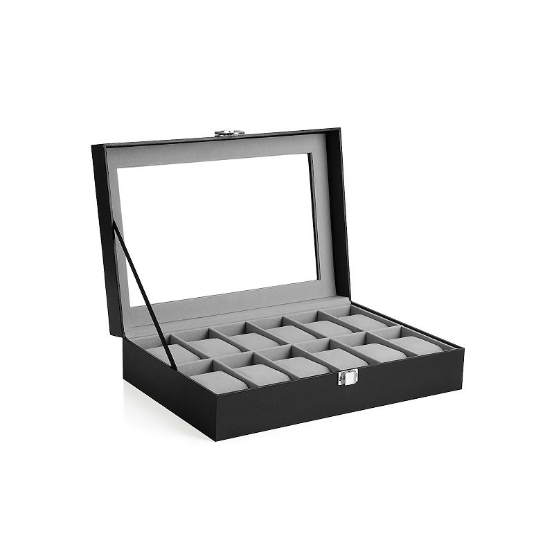 12 Slots Watch Box， Watch Holder with Glass Lid， Watch Case with Removable Watch Pillow