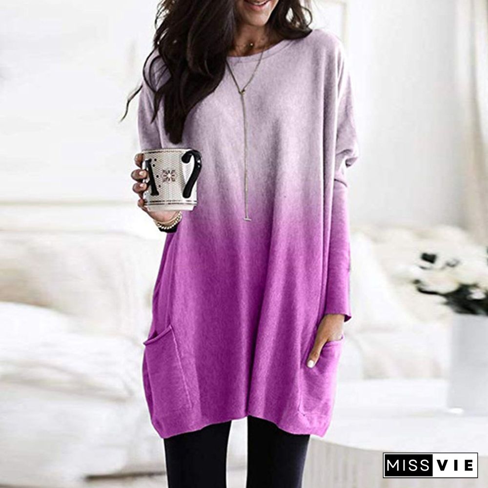 Women's Casual Long Sleeves Round Neck Pocketed T-shirts Loose Gradient Sweatshirt TunicTops Plus Size XS-5XL