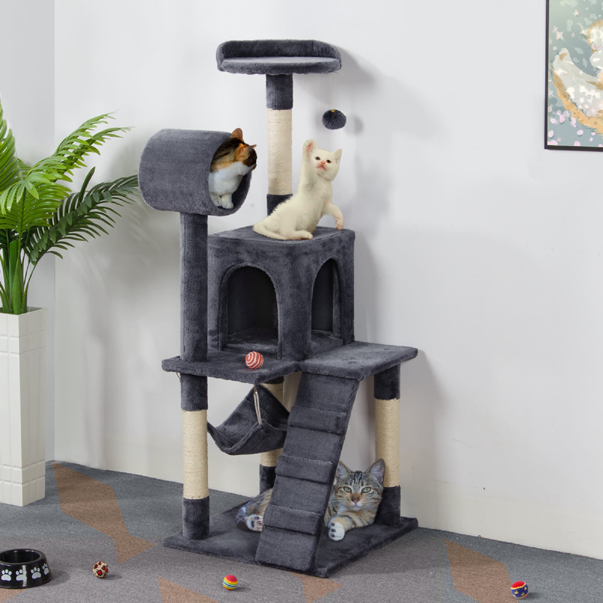 Topeakmart Dark Gray Plush Cat Tree Condo with Hammock Tunnel， 51