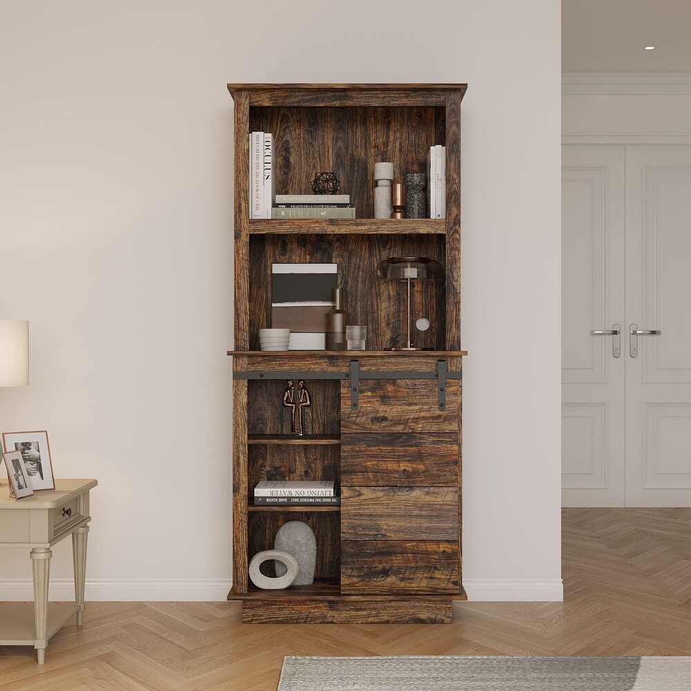 Freestanding Rustic Kitchen Buffet with Hutch  Pantry Storage Cabinet with Sliding Barn Door and Adjustable Shelf