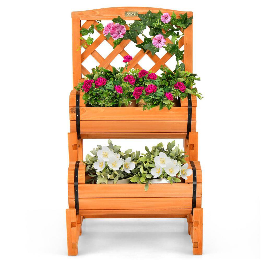 Gymax 2-Tier Wooden Raised Garden Bed Container w/2 Cylindrical Planter Boxes and Trellis GYM11265