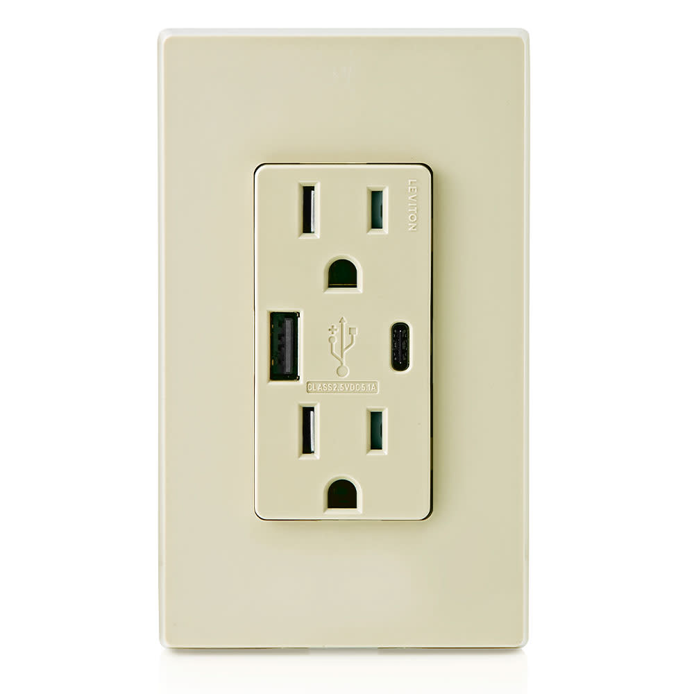 Leviton 15A 125V 5-15R Ivory Outlet with USB Type A/C Charger