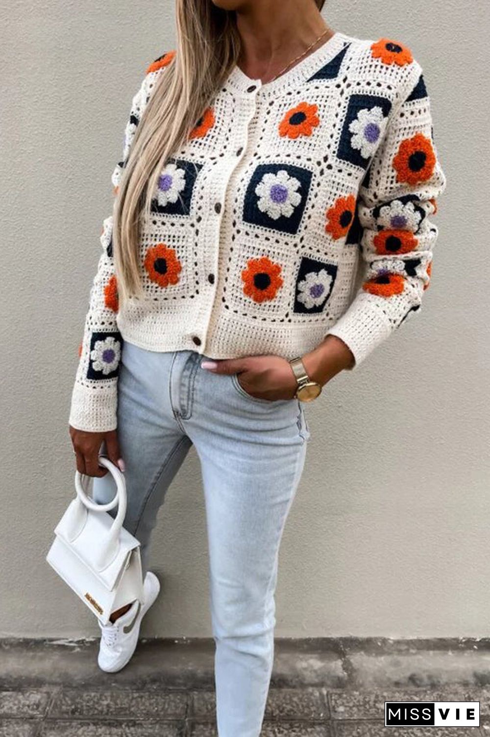 Square Crochet Crop Button Cardigan