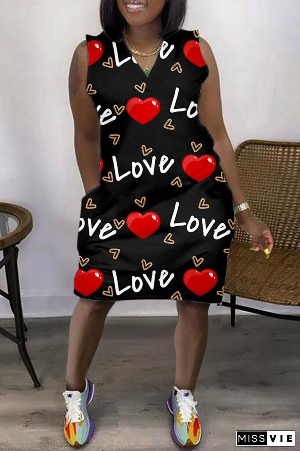 Black Casual Print Basic V Neck Sleeveless Dress Dresses