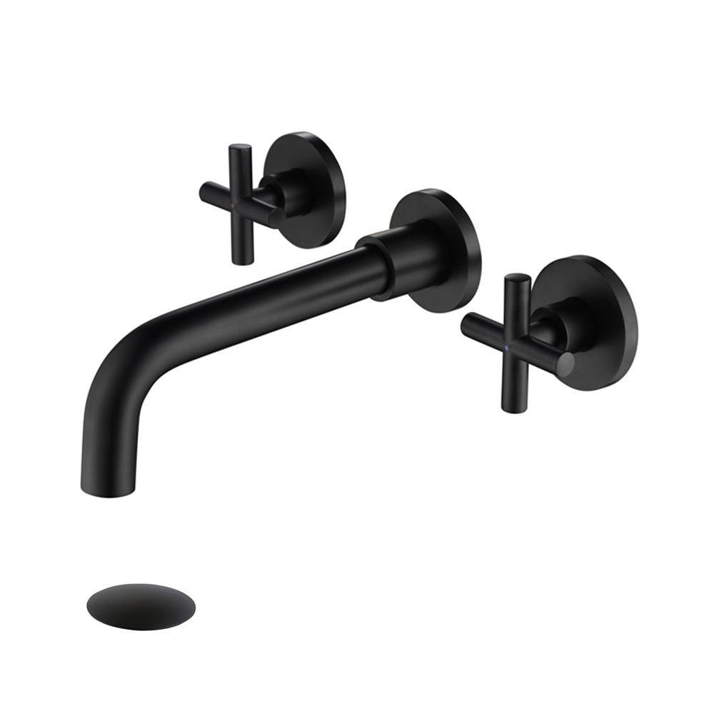 Magic Home Spot Resistant 2-Handle Wall Mount Bathroom Sink Faucet with Drain in Matte Black MS-B1905-MB-Dra