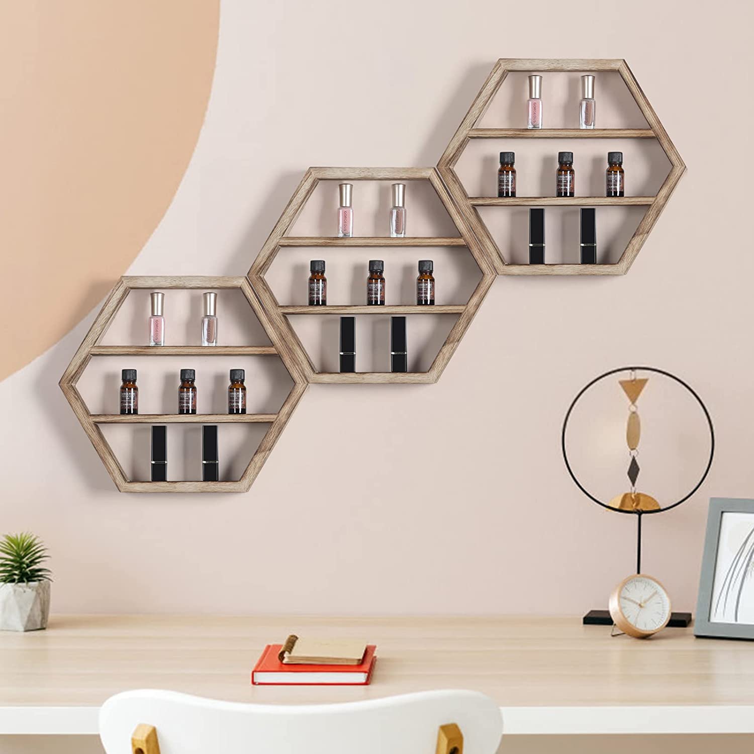 Essential Oil Storage Shelf Nail Polish Organizer, Set of 3 Hexagon Floating Shelves Wall Mounted Shelves, Cosmetic Display Cases