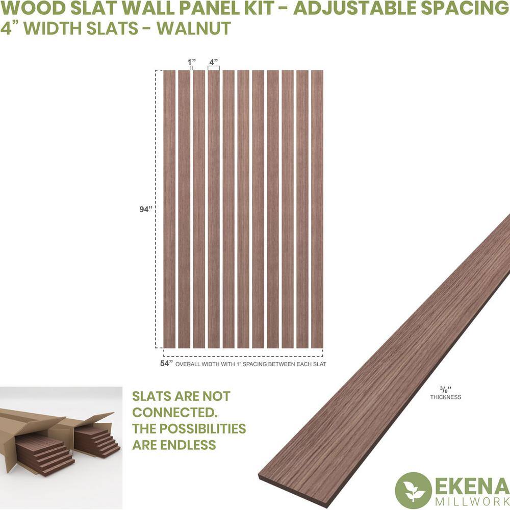 Ekena Millwork 94-in H x-38-in T Adjustable Wood Slat Wall Panel Kit w4-in W Slats Walnut (contains 11 Slats) SWW55X94X0375WA