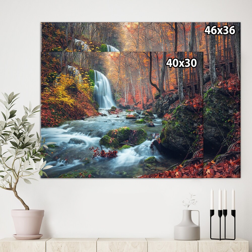 Autumn Mountain Waterfall Long View Landscape Photo Canvas Print   Orange