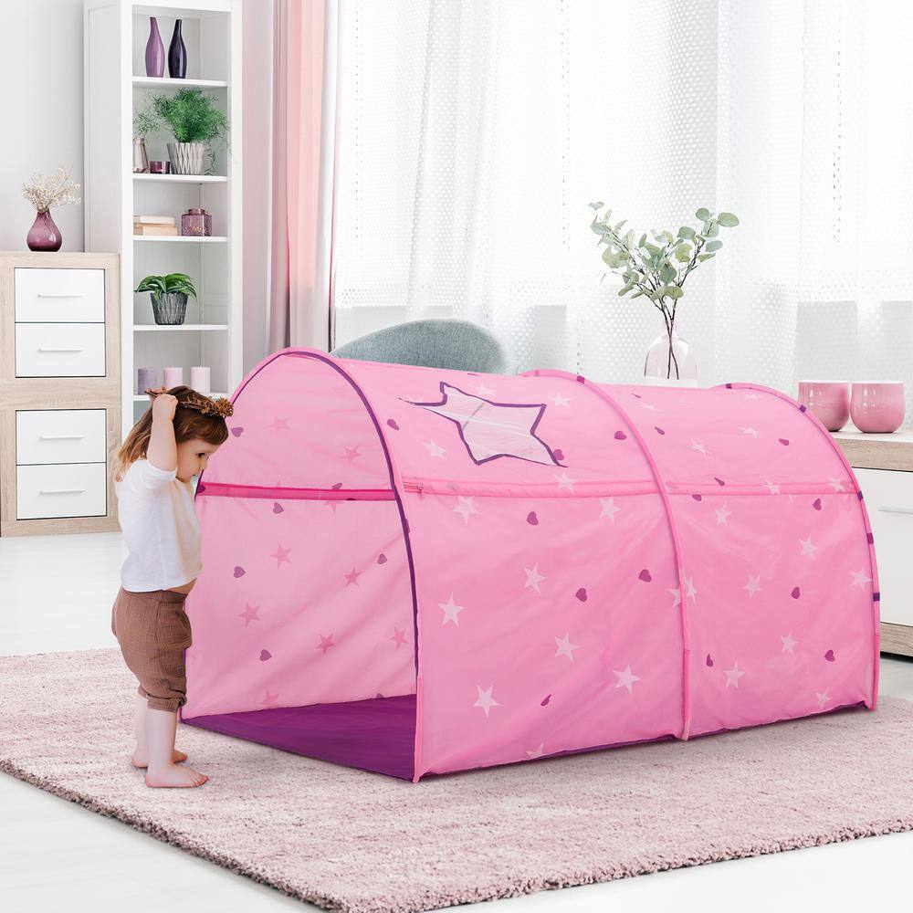 Alvantor Indoor Pop Up Portable Frame Polyester Starlight Bed Canopy Kids Play Tent Twin Curtains Glow in The Dark Stars Pink 2014