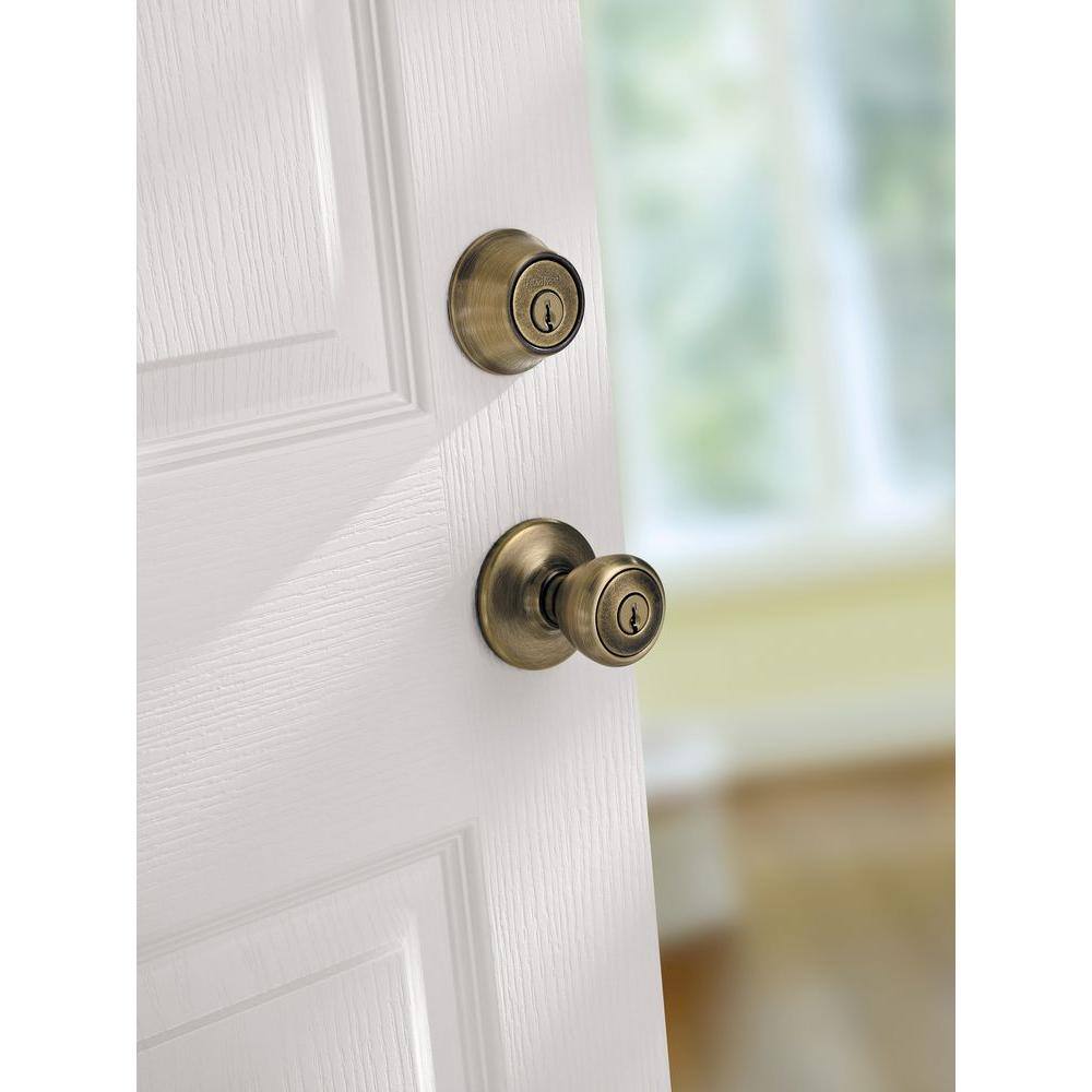 Kwikset Tylo Antique Brass Exterior Entry Door Knob and Double Cylinder Deadbolt Combo Pack 695T 5 CP