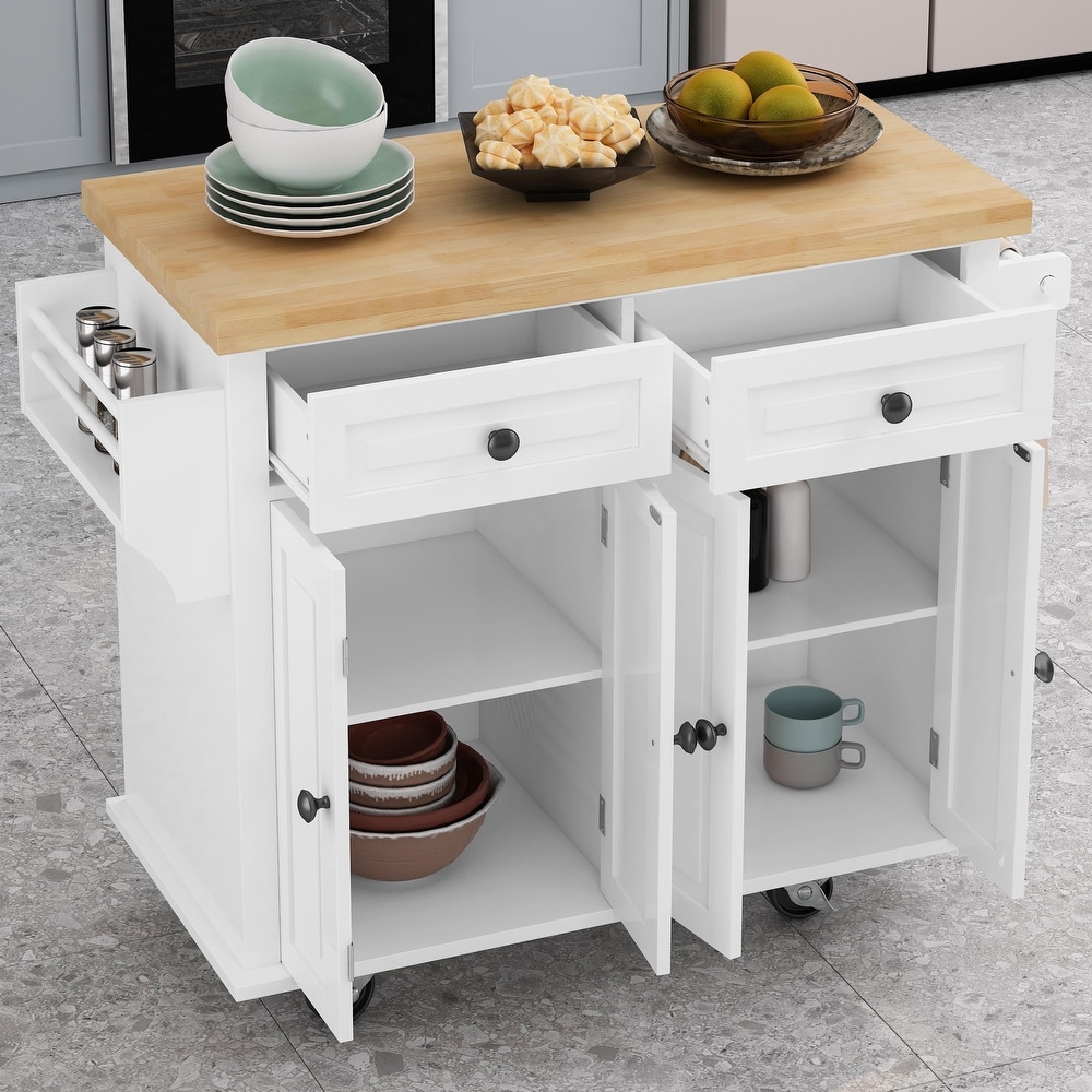 Kitchen Island Cart with Storage Cabinets and Locking Wheels  Wood 4 Door Cabinet and Two Drawers  Spice Rack Towel Rack