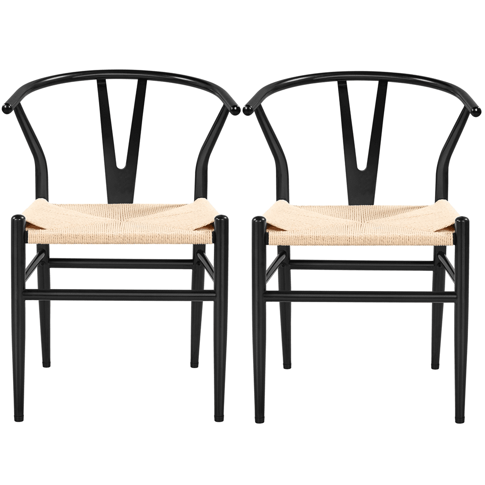 Alden Design Mid-Century Metal Dining Chairs with Woven Hemp Seat， Set of 2， Black