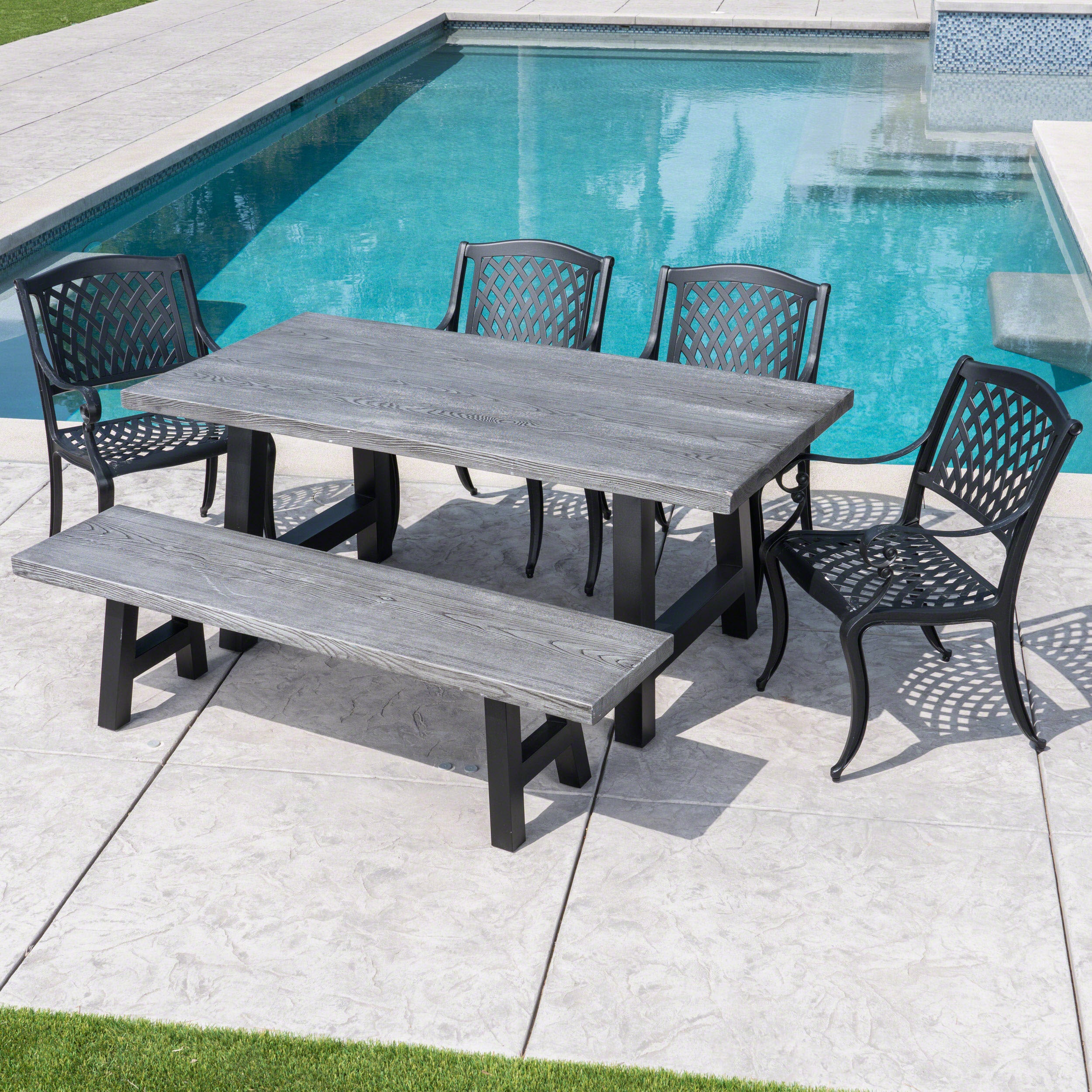 Dorris Outdoor 6 Piece Black Sand Aluminum Dining Set with Light Weight Concrete Table and Bench