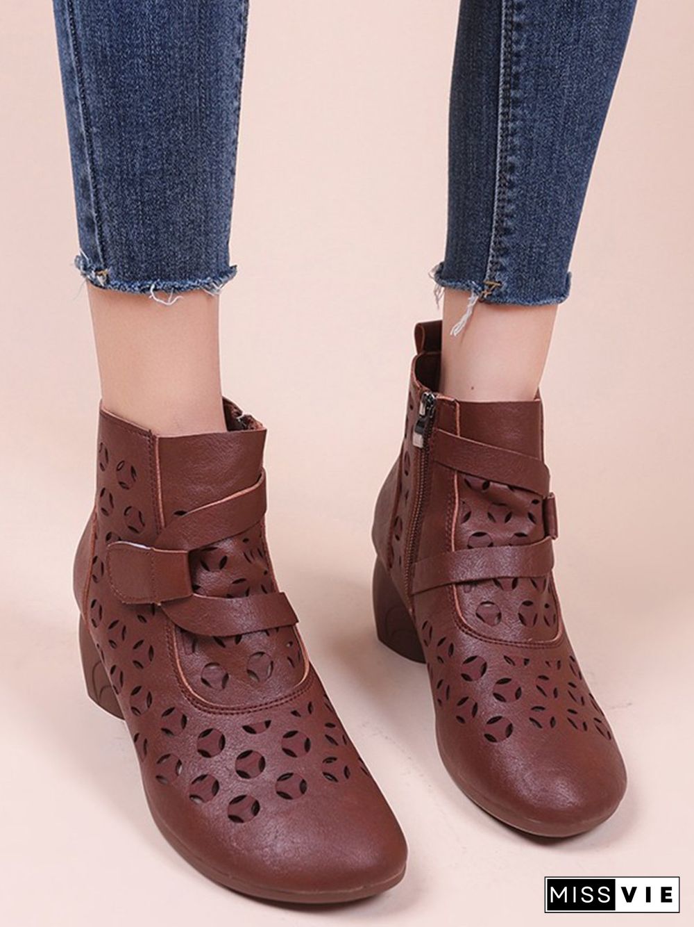 Vintage Cutout Chunky Heel Boots