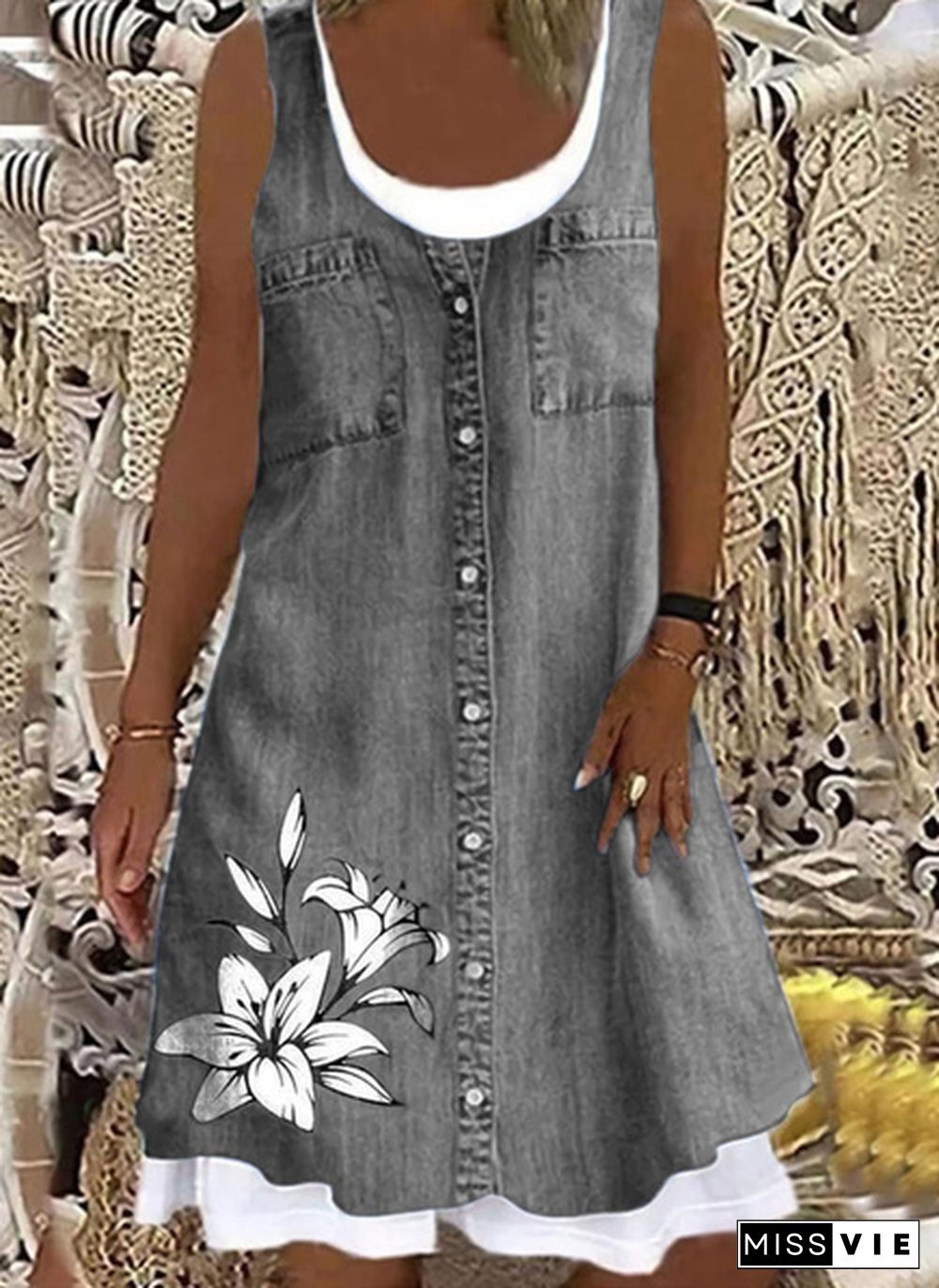 Women's Dress Summer New Fashion Women's Flower Denim Fake Two-piece Printed Casual Sleeveless Round Neck Dress Loose Plus Size Soft and Comfortable Summer Dress XS-5XL