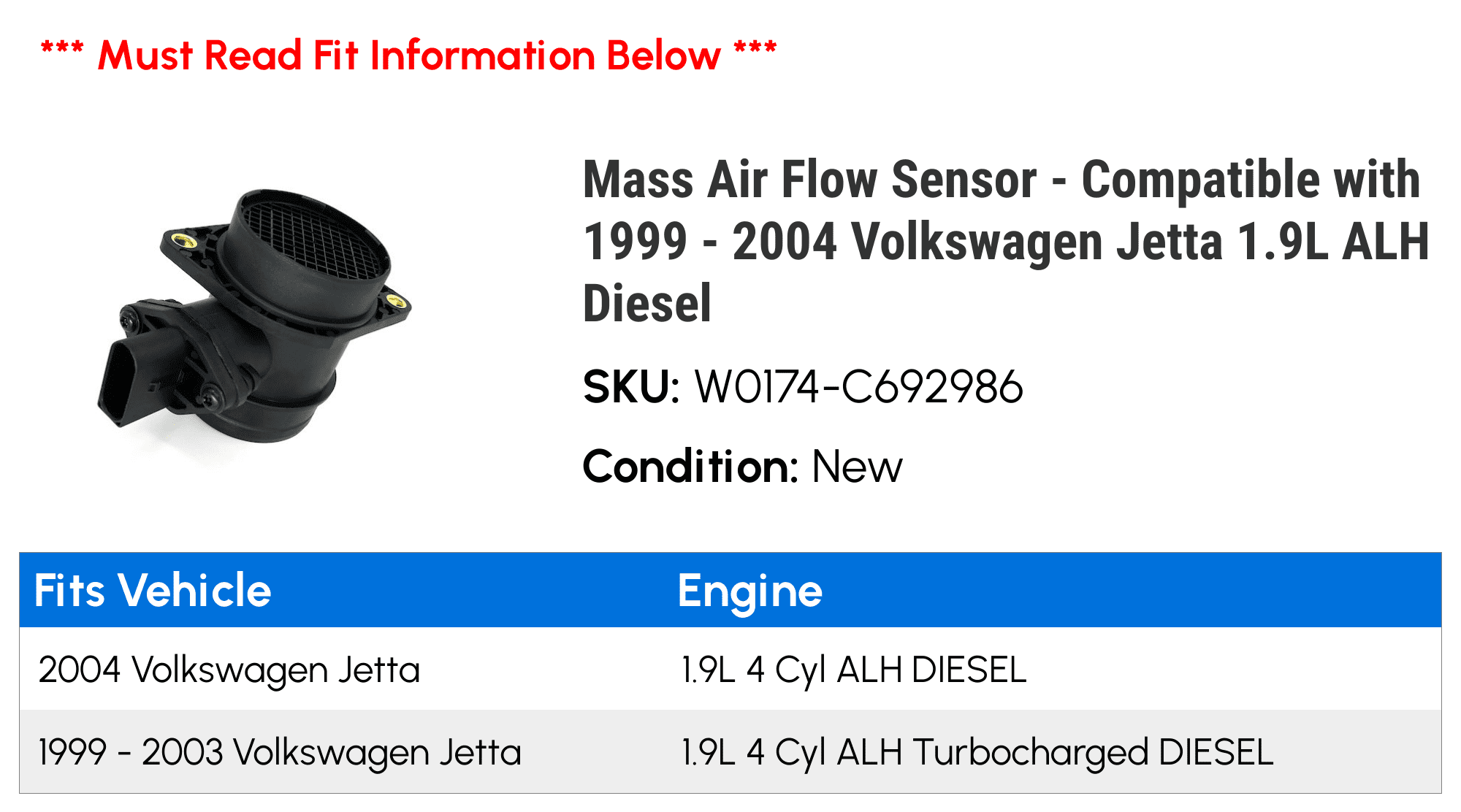 Mass Air Flow Sensor - Compatible with 1999 - 2004 Volkswagen Jetta 1.9L ALH Diesel 2000 2001 2002 2003