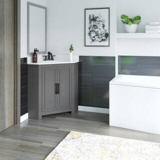 Twin Star Home 25 in. W x 25 in. D Corner Bathroom Vanity in Antique Gray with White Top and White Basin 25BV35043-PG22