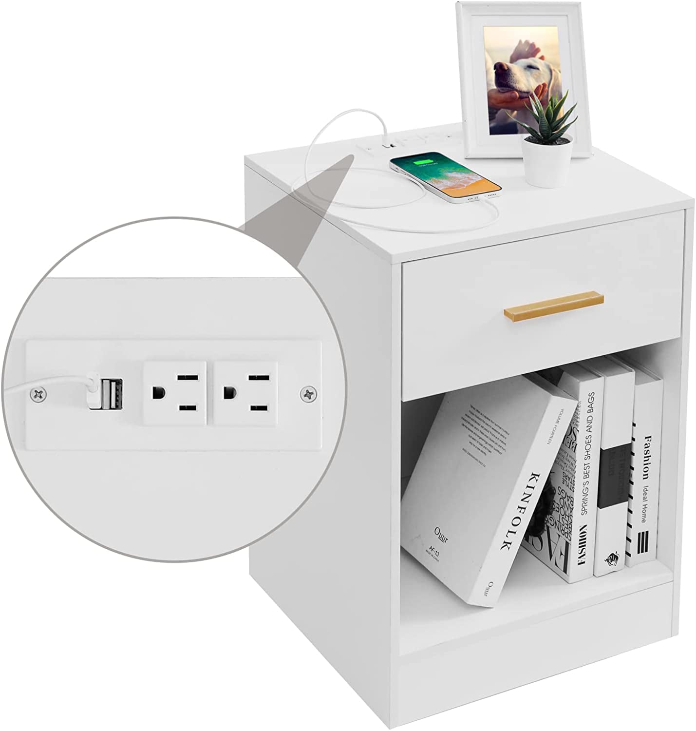 WELLAND Nightstand with Charging Station End Side Table with Storage Drawer and Open Cabinet, Bedside Table, White Finished