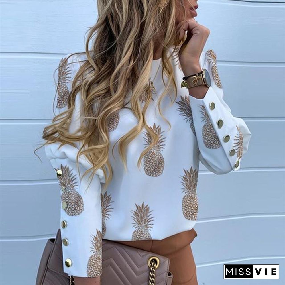 Long Sleeve O Neck Printed Plus Size Tops