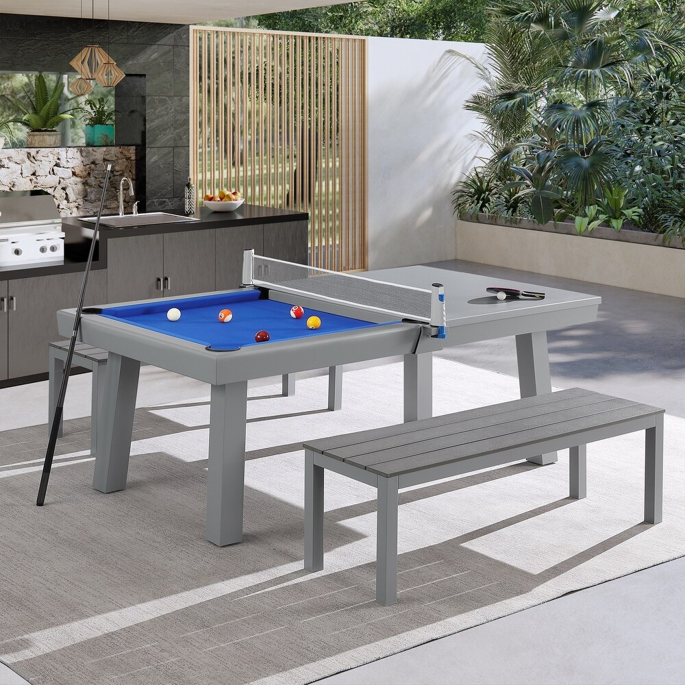 Newport Outdoor Patio 7ft Slate Pool Table Dining Set with 2 Benches   Accessories  Cement Finish