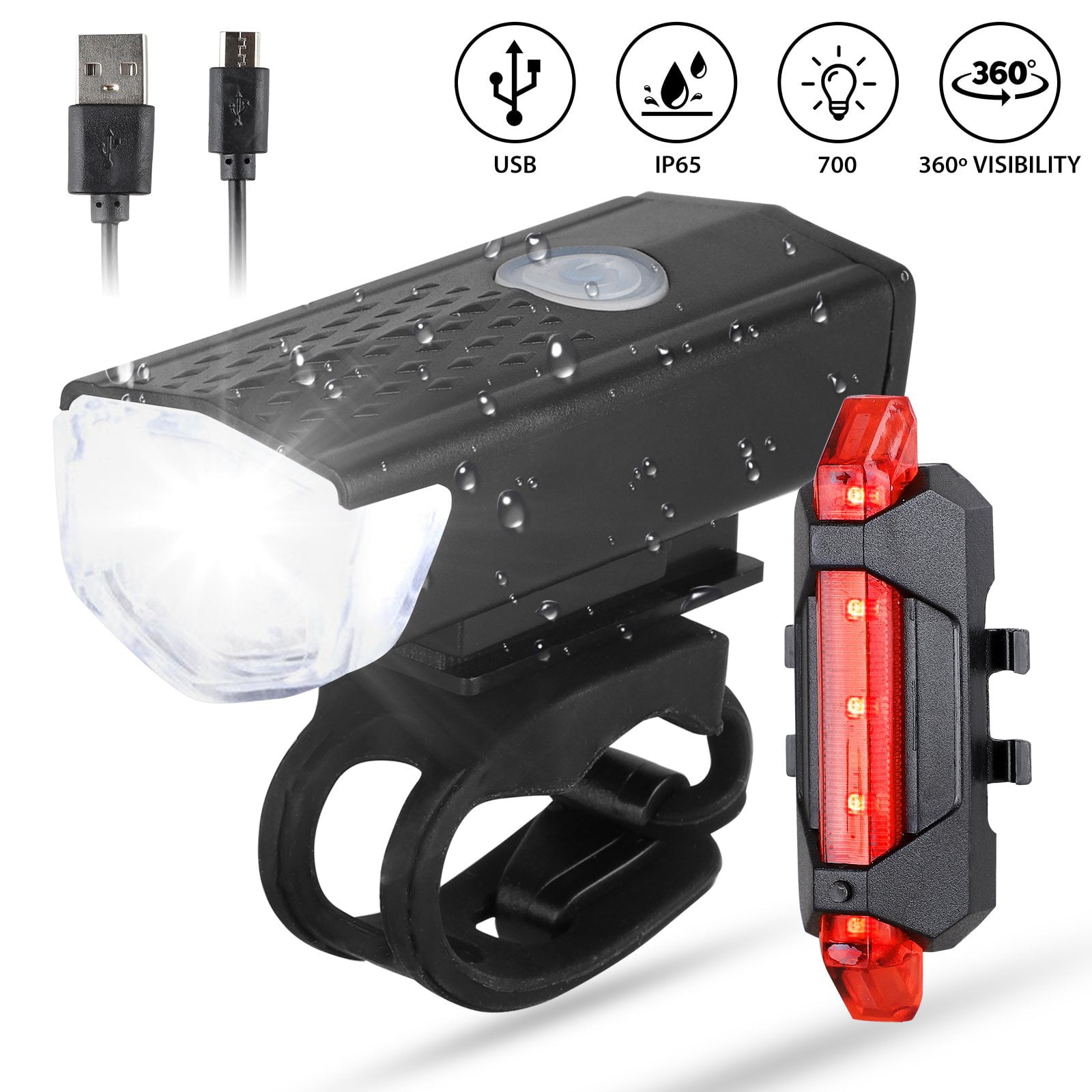 300 Lumen USB Rechargeable Bike Light， LED Bike Headlight and Taillight Set Super Bright Bicycle Light IPX5 Waterproof Powerful Safety Flashlight for Riding Hiking Camp Cycling Mountain Street Road-2pks