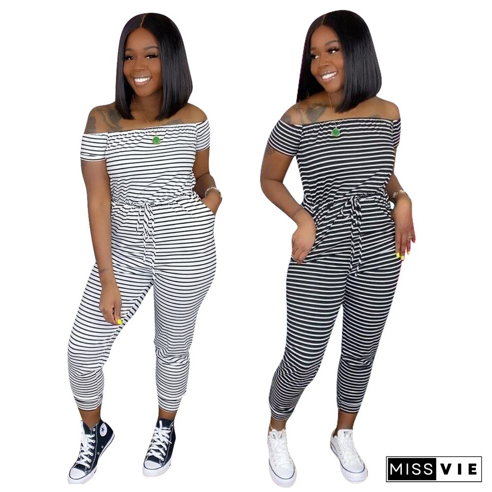 Women Striped Off Shoulder Short Sleeve Bodycon Jumpsuit