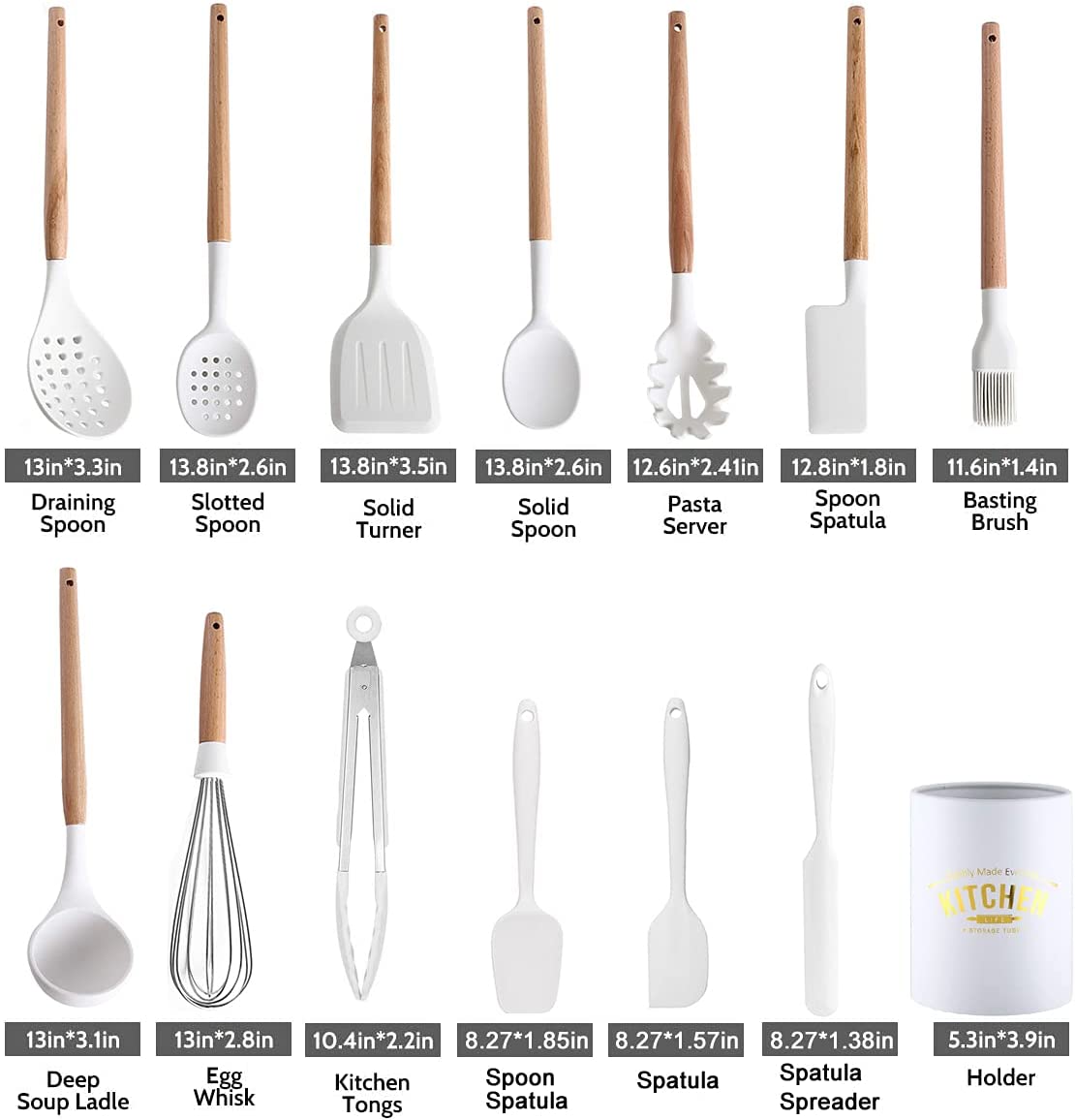 14pcs Kitchen Silicone Cooking Utensils Set,Non-Stick,Wooden Handle,White