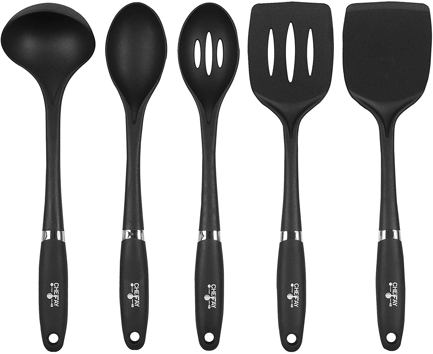 Kitchen Utensil Set for Comfortable Cooking and Easy Cleaning - Nylon - Non Slip Grip 5-Piece Utensils, Pro-Grade Kitchen Tools Set Great For Non Stick Cooking and Baking (Black)