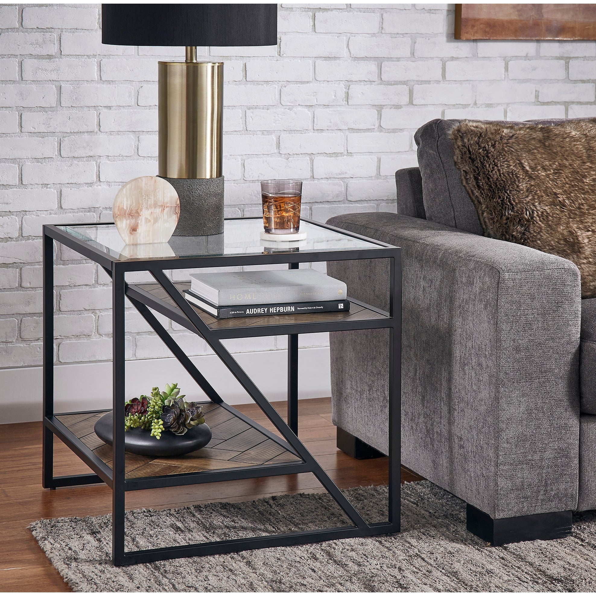 Kita Black Metal Parquet Wood and Glass End Table by iNSPIRE Q Modern - End Table