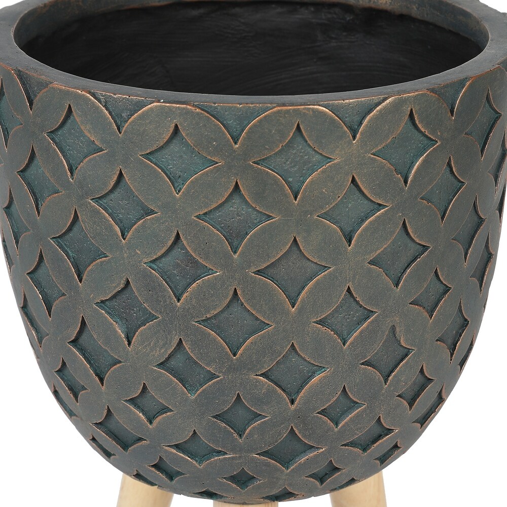 Butterfly Embossed Brown 12.3 Inch Round MgO Planter with Wood Legs