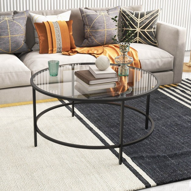 Costway 36 x27 x27 Round Coffee Table Tempered Glass Tabletop Metal Frame Living Room Black golden