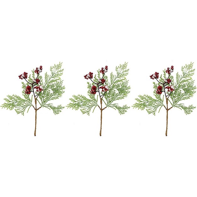 Auldhome Design 12in Frosted Red Berry Picks， 3pk; Christmas Decor Greenery Accents， Snow-frosted Evergreen