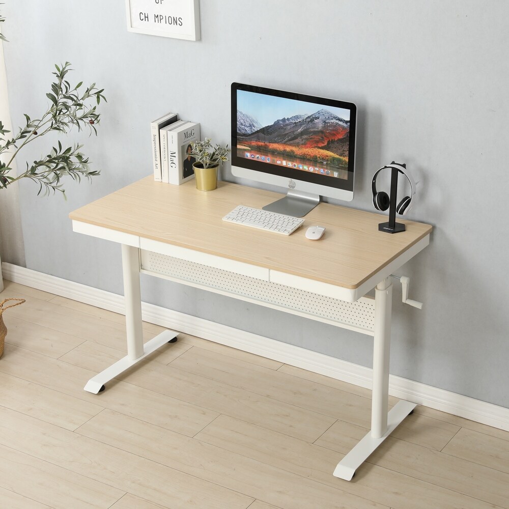 Tempered Glass Standing Desk with Metal Drawer  Adjustable Height Stand up Desk  Sit Stand Home Office Desk