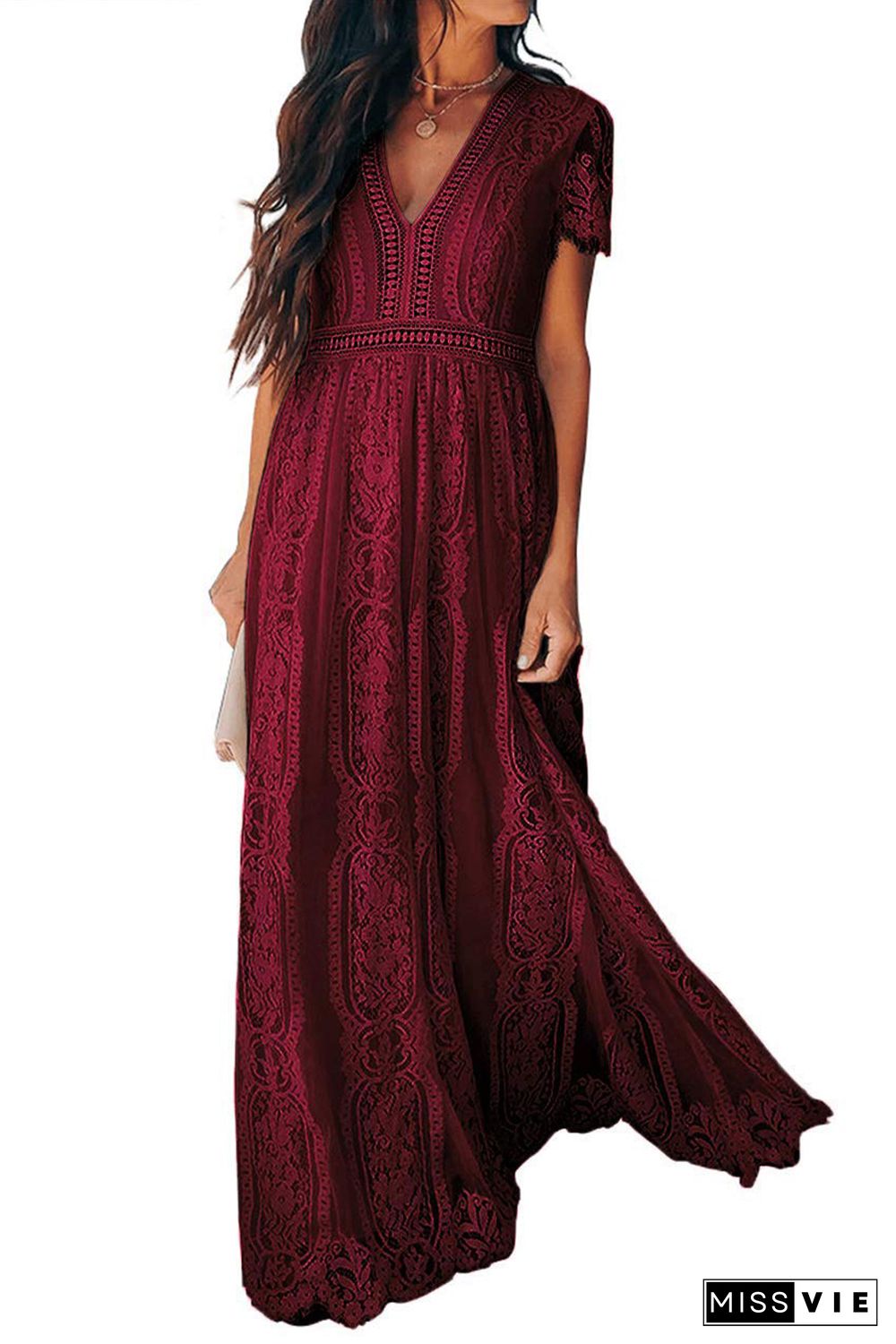 Burgundy Deep V Neck Short Sleeve Lace Maxi Dress