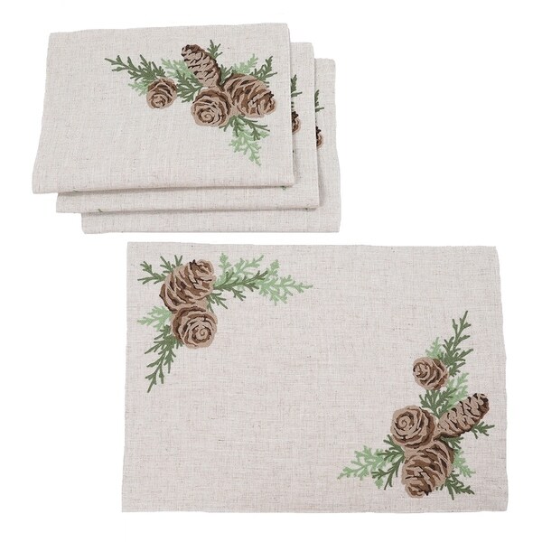 Winter Pine Cones and Branches Embroidered Placemats 14x20，Set of 4