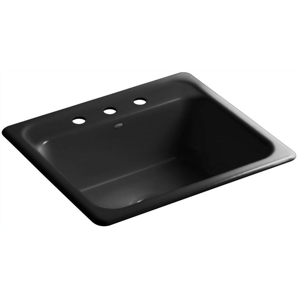 KOHLER Mayfield Drop-In Cast-Iron 25 in. 3-Hole Single Bowl Kitchen Sink in Black Black K-5964-3-7