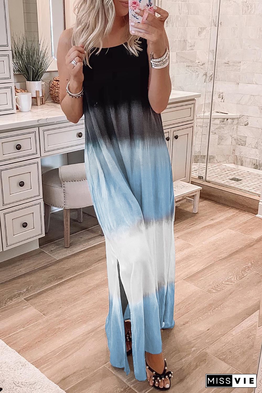 Sky Blue Spaghetti Strap Tie Dye Slit Maxi Dress